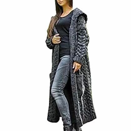 Women Casual Solid Color Long Sleeve Hooded Cardigan Knitted Sweater