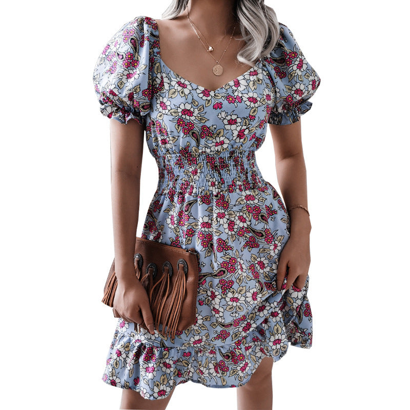 Women Casual Chiffon V-Neck Floarl Printing Ruffled Defined Waist Dress