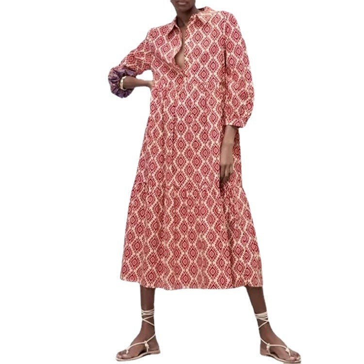 Women'S Fashion Boho Casual Geometric Pattern Printing Long Sleeve Lapel Single-Breasted Loose Dress