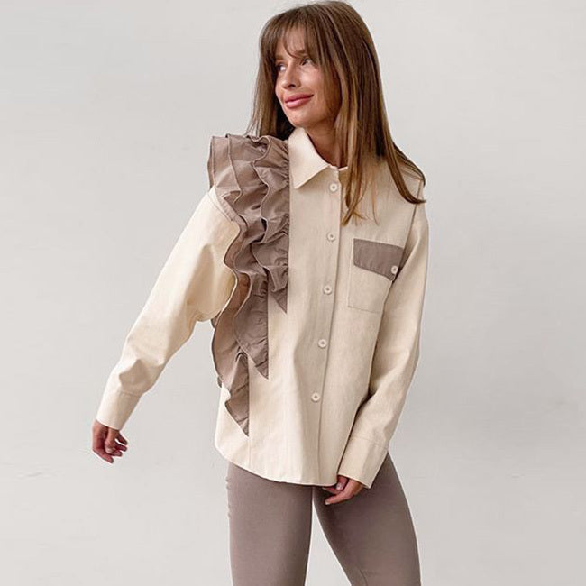 Fashion Office Women Unique Loose Contrast Color Ruffled Long Sleeve Casual Lapel Shirt Blouse