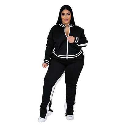 Conjunto de top y pantalón deportivo informal de talla grande para mujer, de manga larga, con cremallera y bloques de color