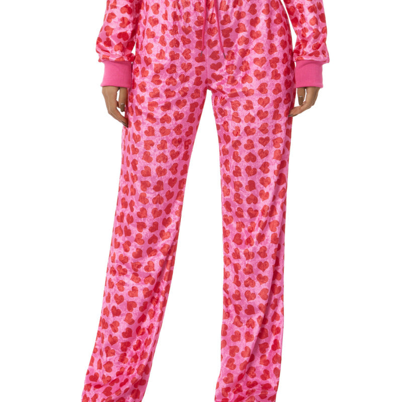 Conjunto informal de sudadera y pantalón de manga larga con estampado de corazón rosa para mujer