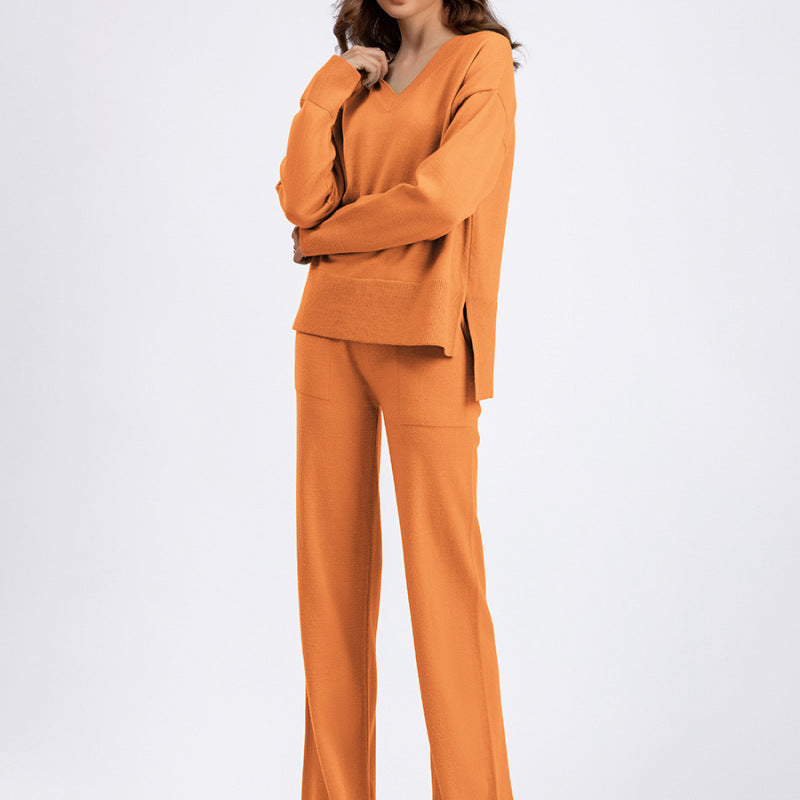 Autumn Winter Women Fashion Loose Casual Solid Color Sweater Pants Two-Piece Set