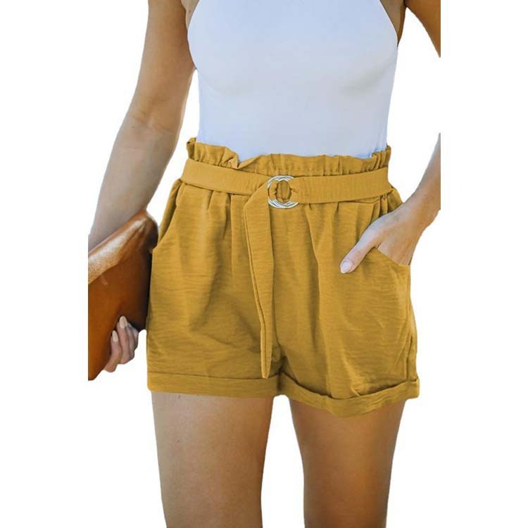Women Loose Waist Strap Pocket Solid Color High Waist Casual Shorts