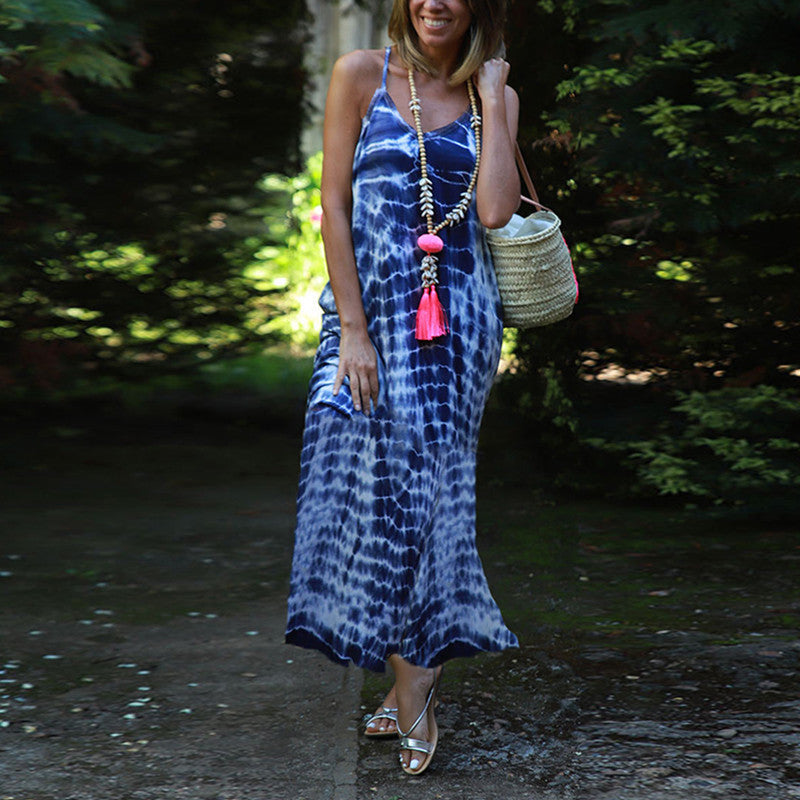 Summer Vacation Women Casual Tie Dye Print Spaghetti Strap Loose Maxi Dress