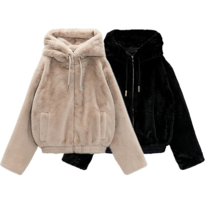 Chaqueta de felpa de color liso con capucha de piel sintética informal de invierno para mujer