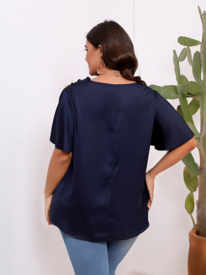 Blusa informal de satén de color liso con mangas plisadas y volantes para mujer, talla grande