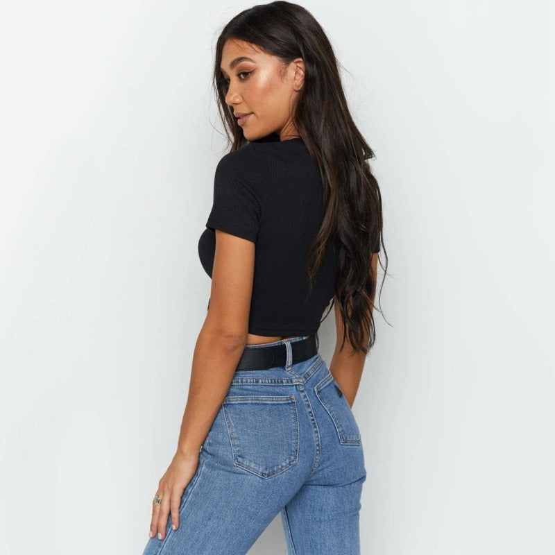 Camiseta corta básica de manga corta para mujer, informal, de moda, de color liso