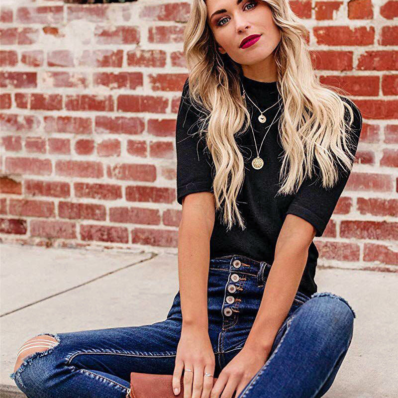 Summer Women Fashion Casual Solid Color Stand Collar Short Sleeve Long Sleeve