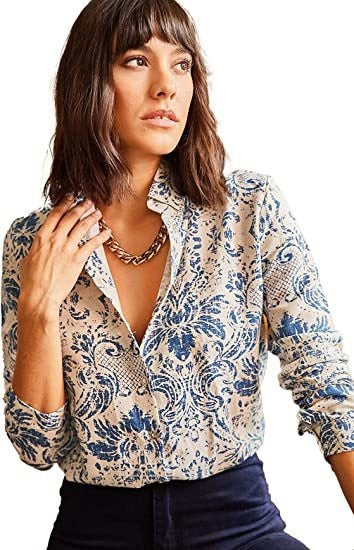 Camisa informal de manga larga con solapa y estampado de rayas de leopardo para mujer