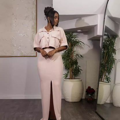 Conjunto de dos piezas formado por camisa y falda con abertura y manga corta, informal, de verano, para mujer