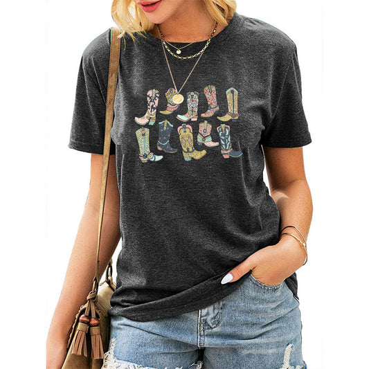 Camiseta vaquera informal de manga corta con cuello redondo para mujer, estilo occidental, de verano