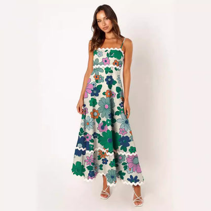 Women Casual Summer Vacation Floral Color Blocking Maxi Sun Dress