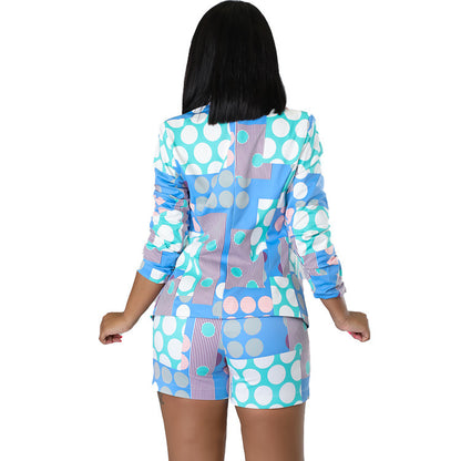 Conjunto informal de dos piezas para mujer: top de manga larga con solapa estampada y pantalones cortos de cintura alta