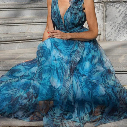 Summer Bohemian Vacation Women Casual Mesh Floral Maxi Dress