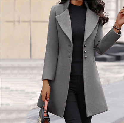 Autumn Winter Women Fashion Casual Solid Color Lapel Woolen Mid-Length Long Sleeve Blazers