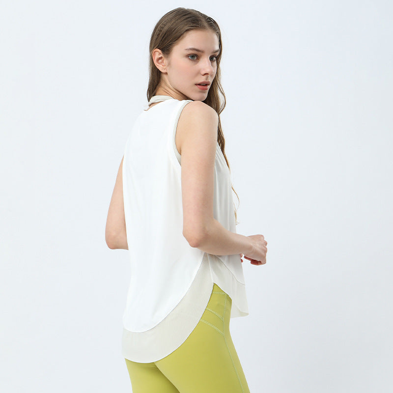 Women Casual Loose Solid Color Round Neck Sleeveless Mesh Spliced Sports Tank Top