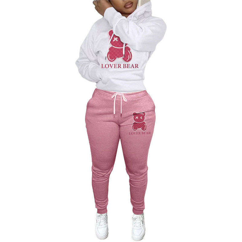 Autumn Winter Thickened Hooded Bear Pattern Sweatshirt And Pants Women Casual Athleisure Set