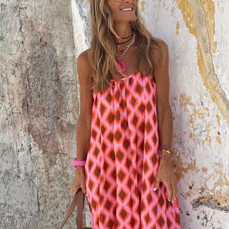 Women Fashion Casual Boho Backless Diamond Print Maxi Dress