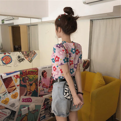 Camiseta informal de manga corta con estampado floral dulce para mujer