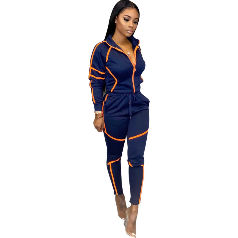 Autumn And Winter Women Long-Sleeved Splicing Solid Color Casual Sports Sets