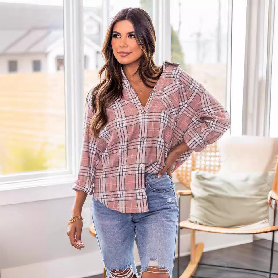 Camisa informal de manga larga con bolsillos y cuadros a la moda para mujer
