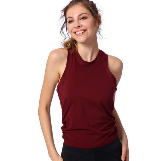 Camiseta deportiva informal holgada de color liso con cuello redondo, sin mangas y corte en la espalda para mujer