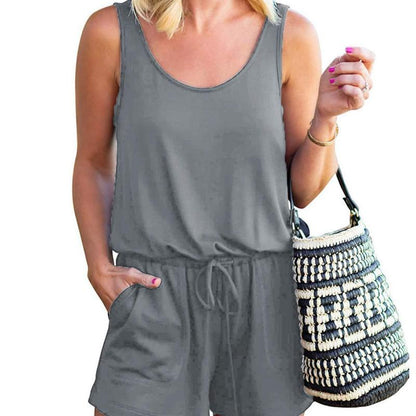 Women Casual Summer Vacation Solid Color U Neck Drawstring Loose Sleeveless Rompers