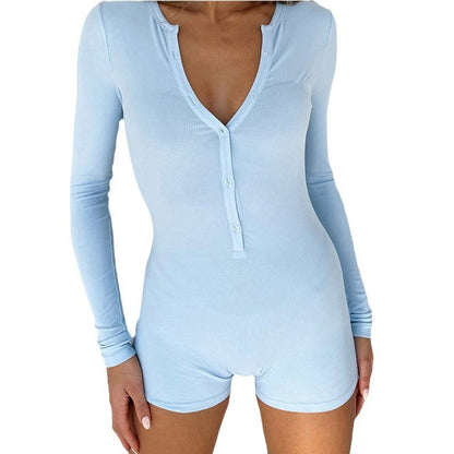 Women Casual Solid Color V-Neck Long Sleeve Rompers