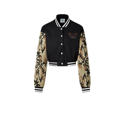 Chaqueta de béisbol informal de manga larga con estampado de camuflaje y letras para mujer