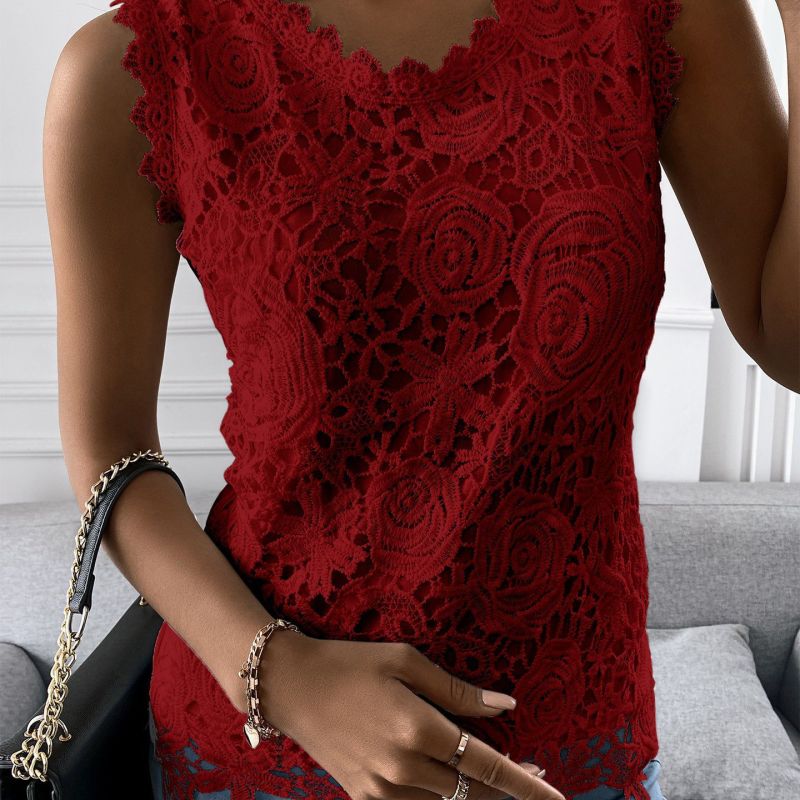 Women Basic Elegant Summer U Neck Sleeveless Solid Color Casual Fashion Lace Tank Top