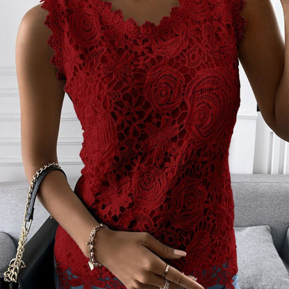 Women Basic Elegant Summer U Neck Sleeveless Solid Color Casual Fashion Lace Tank Top