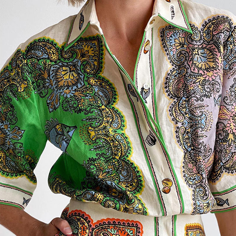 Women Fashion Casual Graphic Printed Lapel Single-Breasted Dress