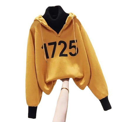 Sudadera con capucha de cuello alto y parches con estampado digital informal a la moda para mujer