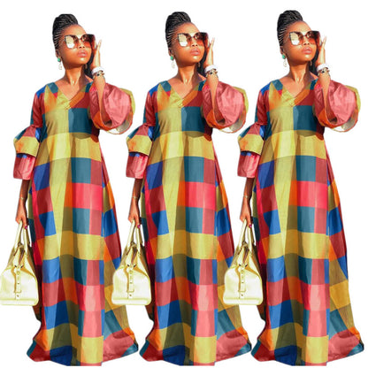 Fashion Women Casual Elegant Multicolor Plaid V Neck Long Lantern Sleeves Long Maxi Dress