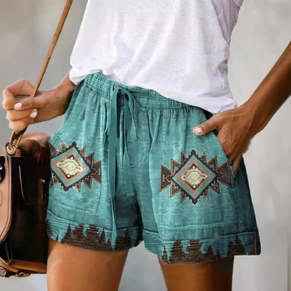 Pantalones cortos holgados con cordones y cintura alta con estampado digital informal a la moda para mujer