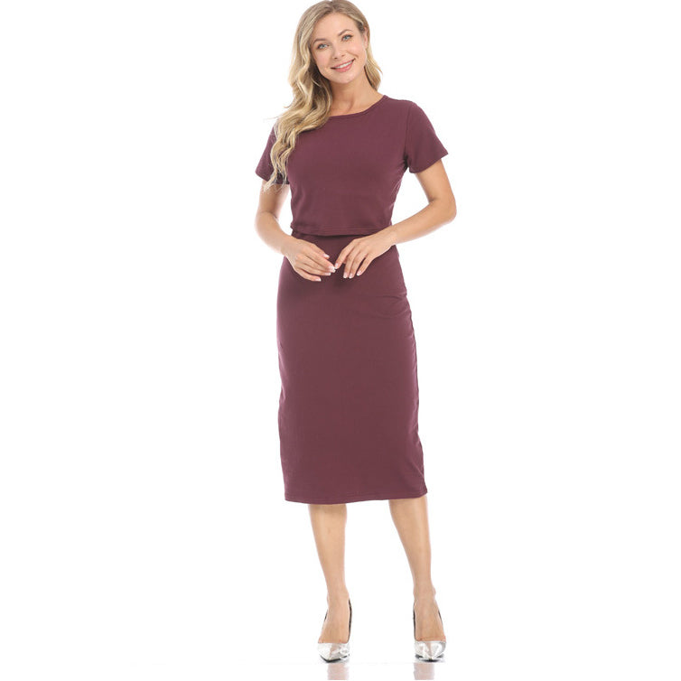 Summer Pregnant Women Casual Solid Color Elastic Slim Round Neck Short Sleeve Nursing Dress