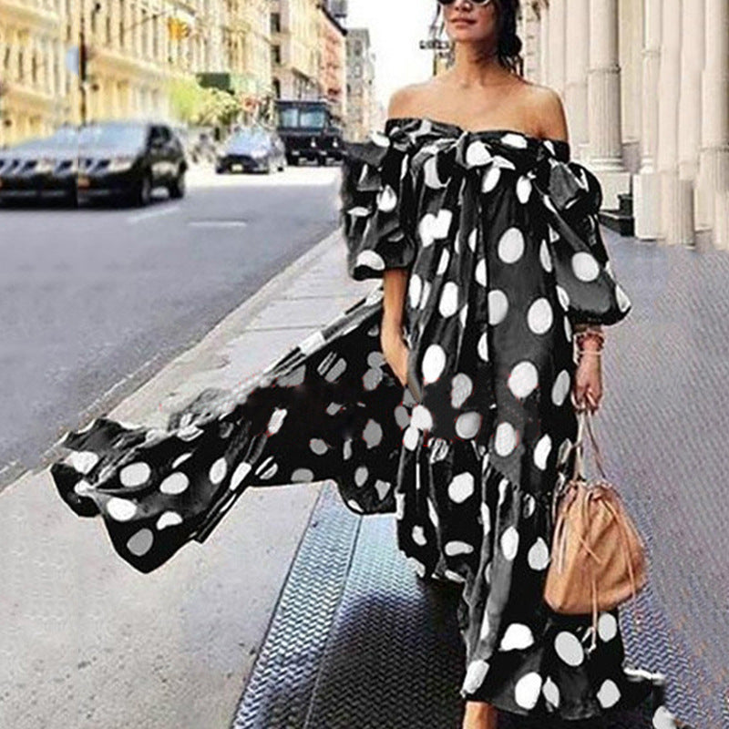 Women Elegant Casual Off-the-shoulder Polka Dot Boho Ruffled Maxi Dress
