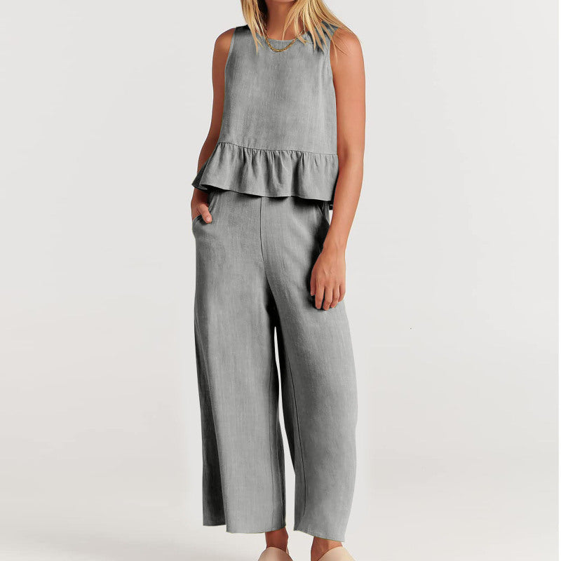 Conjunto de pantalón holgado sin mangas con volantes informales de color liso para mujer