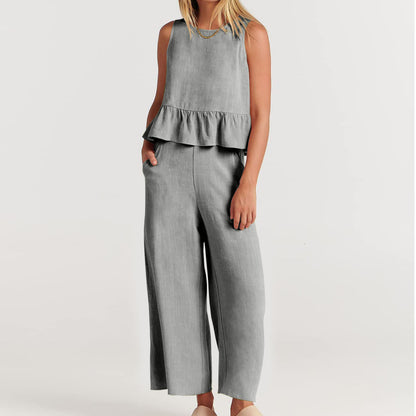 Conjunto de pantalón holgado sin mangas con volantes informales de color liso para mujer