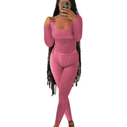 Women Fashion Casual Solid Color Thread Long Sleeve Top Tight Pants Two-Piece Set