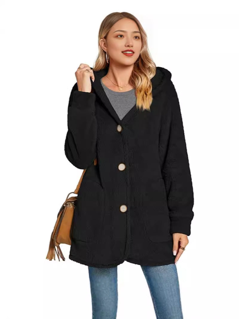 Cárdigan informal con capucha y bolsillos abotonados de felpa para mujer de invierno
