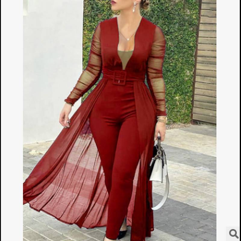 Women Casual Solid Color Deep V Long Sleeve Lace Stitching Jumpsuits