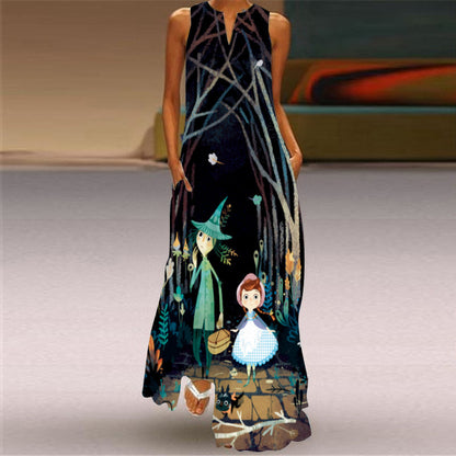 Vestido largo holgado informal de verano con escote en V y sin mangas con estampado para mujer