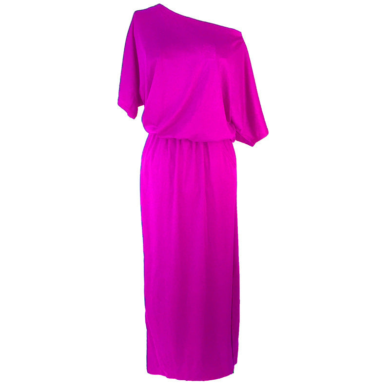 Women Casual Basic Solid Color Short Sleeve Summer Oblique Shoulder Side-slit Pocket Loose Dress