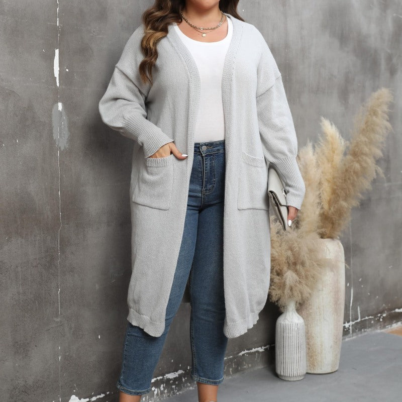 Suéter de punto con bolsillos de color liso para mujer, informal, de talla grande, para invierno y otoño