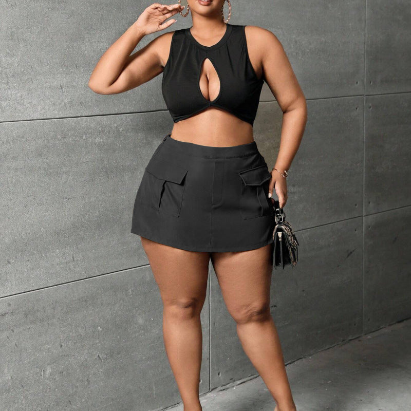 Women Fashion Casual Solid Color Cargo Plus Size Skirt