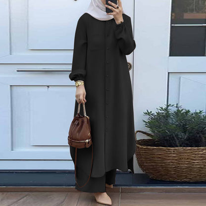 Conjunto de camisa y pantalones de manga larga abaya de color liso informal para mujer