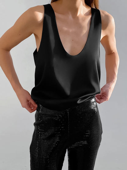 Camiseta sin mangas informal de color liso con cuello en U para mujer