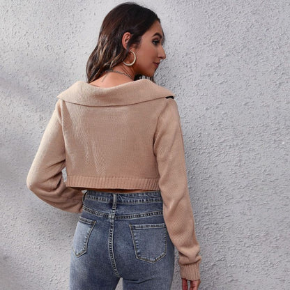 Women Spring Casual Color Blocking Lapel V Neck Long Sleeve Plaid Crop Sweater